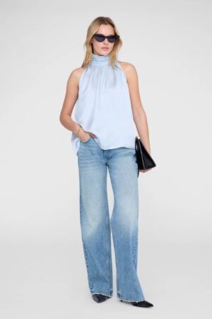 Women's Chic 2-Piece Outfit Set - Pale Blue Satin Top and Wide-Leg Denim Jeans