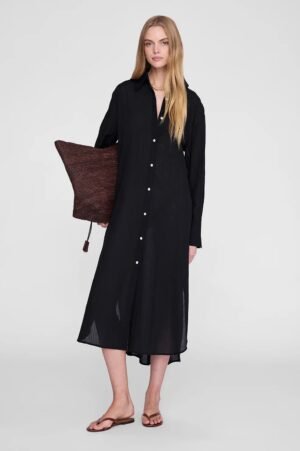 Women's Long Sleeve Maxi Shirt Dress - Solid Black