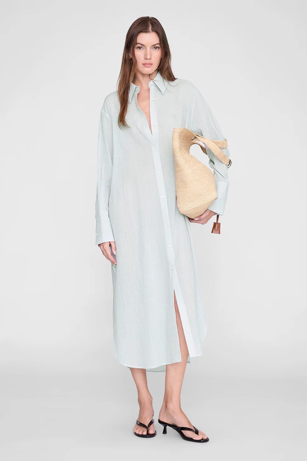 Women's Long Sleeve Maxi Shirt Dress - Green and White Mini Stripe
