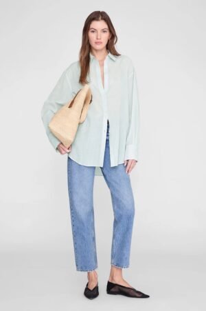 Women's Casual 2-Piece Outfit Set - Green Mini Stripe Button-Down Shirt and Straight-Leg Jeans