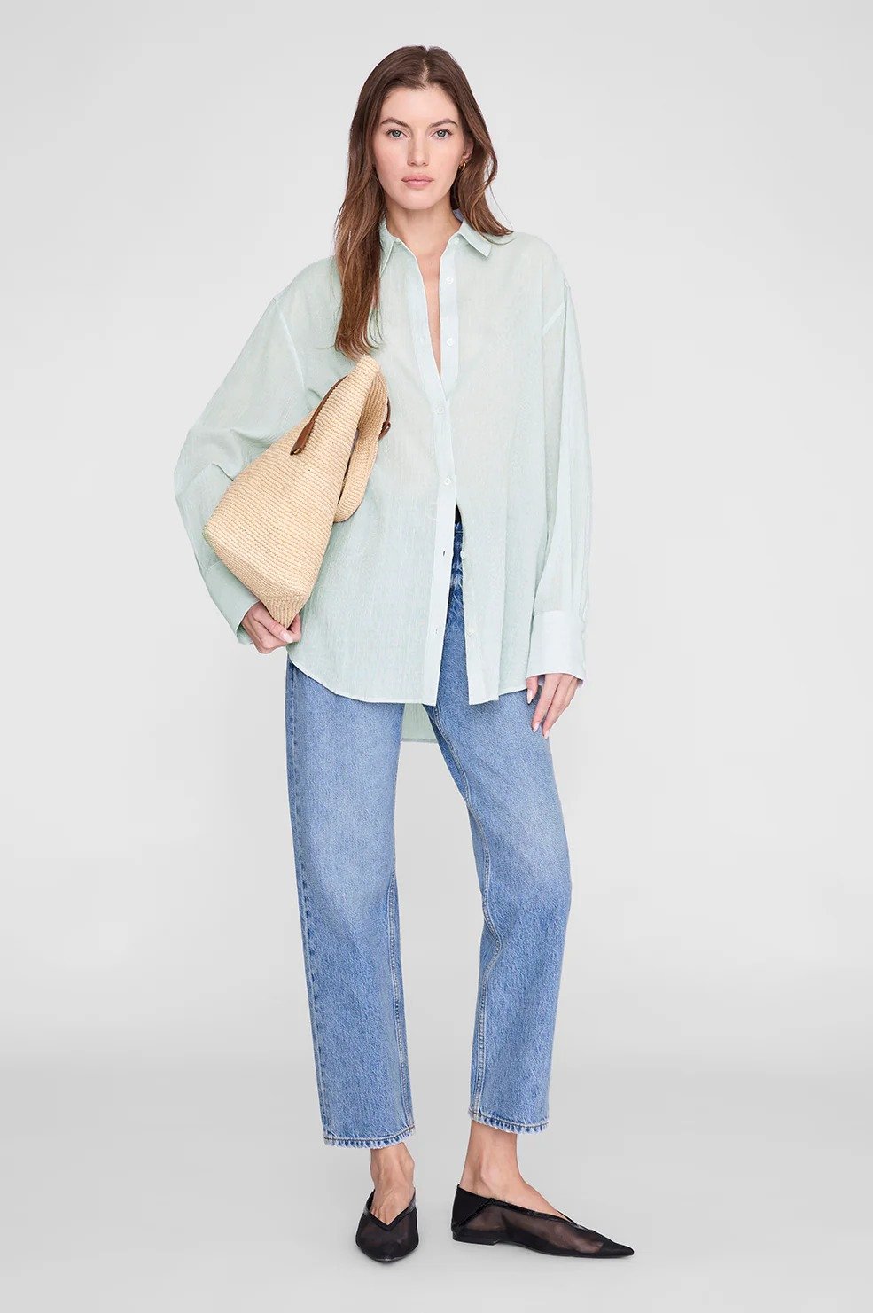 Women's Casual 2-Piece Outfit Set - Green Mini Stripe Button-Down Shirt and Straight-Leg Jeans
