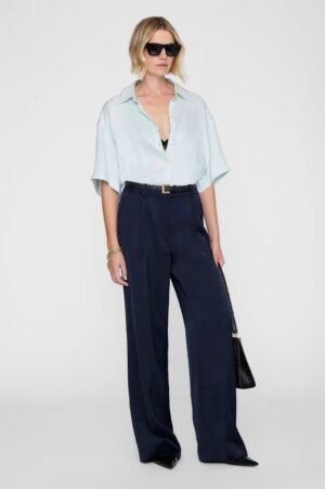 Women's Silk Short Sleeve Shirt and Wide-Leg Trousers 2-Piece Set - Light Blue and Navy