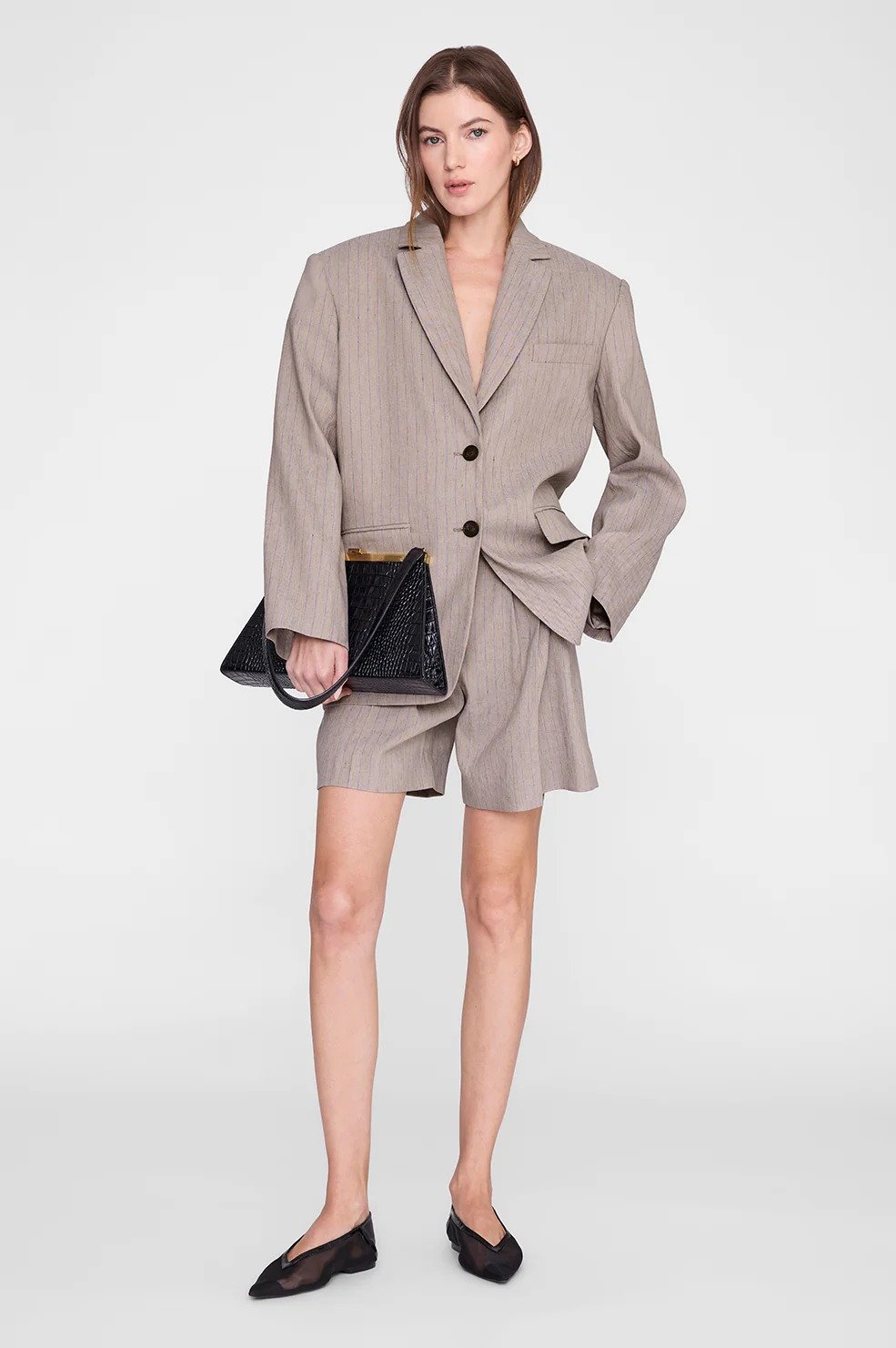 Women's Oversized Pinstripe Blazer and Tailored Shorts 2-Piece Suit Set - Taupe and Blue